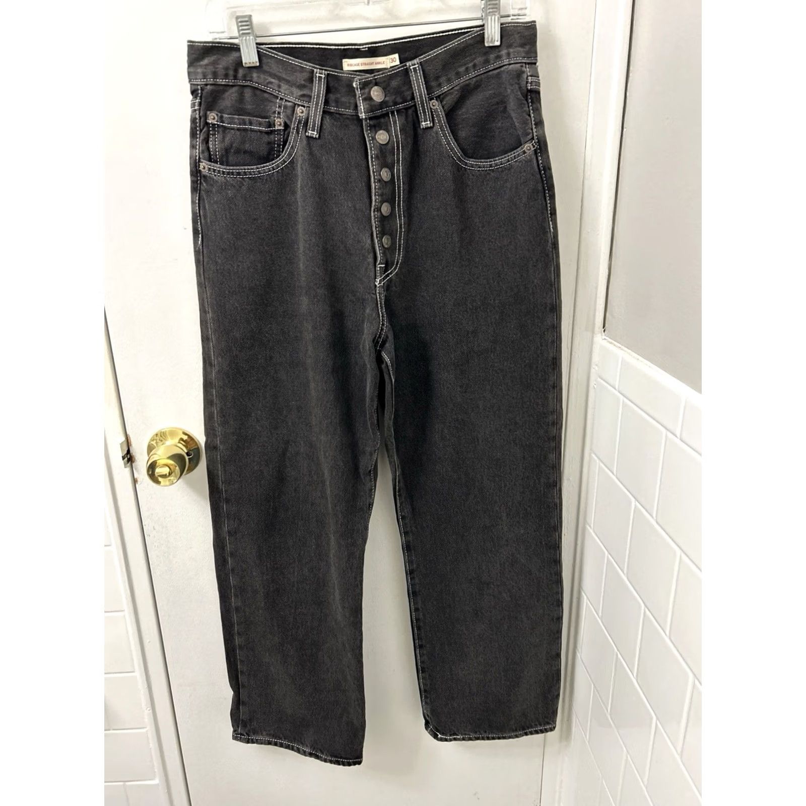 Levi's Levi's Ribcage Straight Ankle Jeans Womens 30x27 Black High Rise Button Fly Denim Cotton Blend 5-Pocket 90s Vintage Charcoal Wash Size 30" / US 8 / IT 44 - 7 Thumbnail
