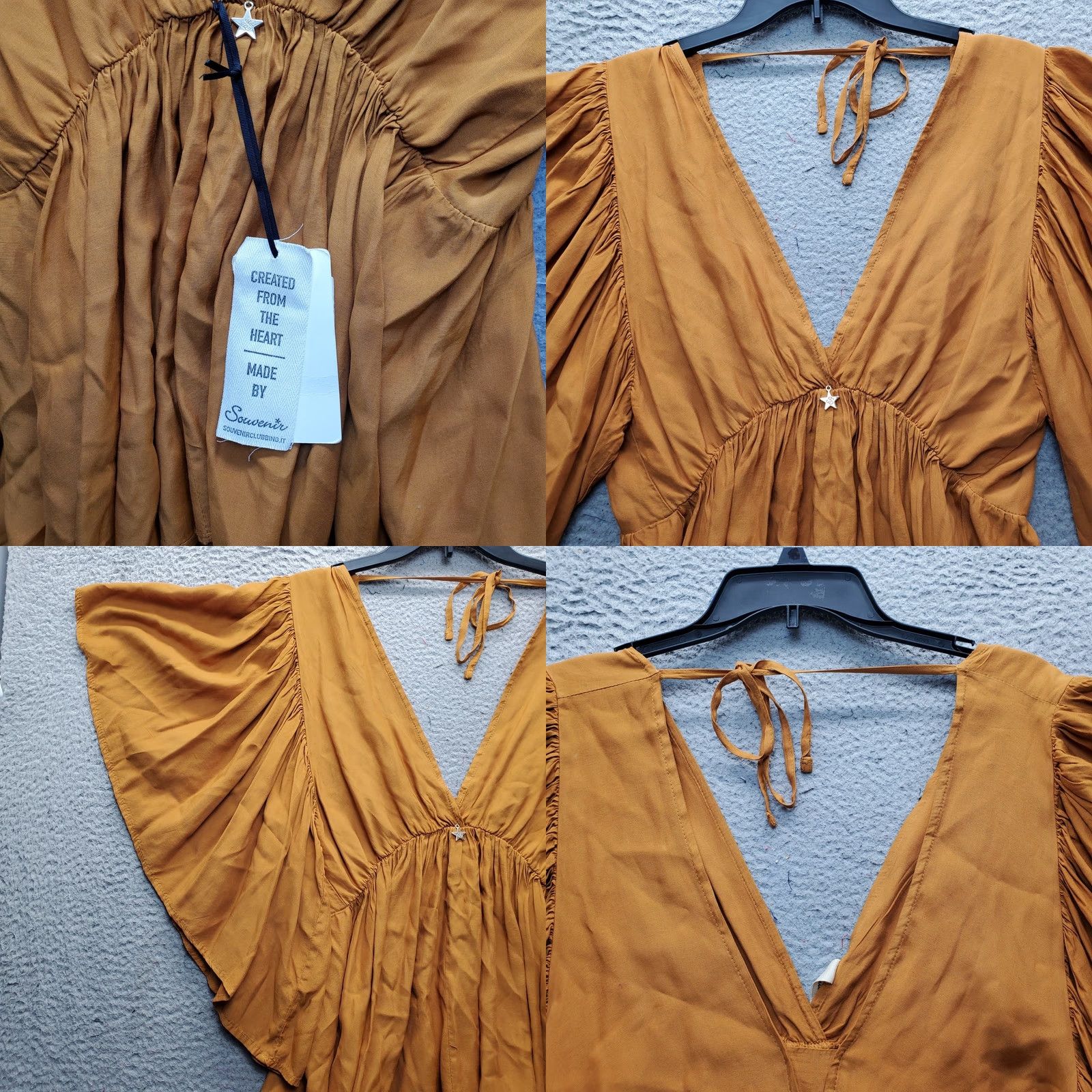 Vintage Souvenir Blouse Womens M Tan Boho Butterfly Sleeve V-Neck Tie Back Shirt Size M / US 6-8 / IT 42-44 - 8 Thumbnail