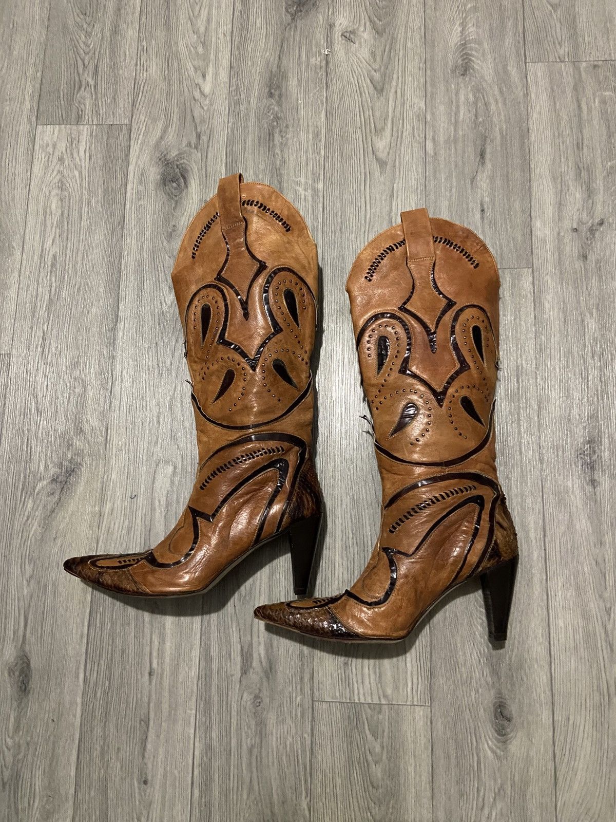 Jo Ghost Jo Ghost Stunning Leather & Snakeskin Knee High Cowboy Boots Size US 10 / IT 40 - 2 Thumbnail
