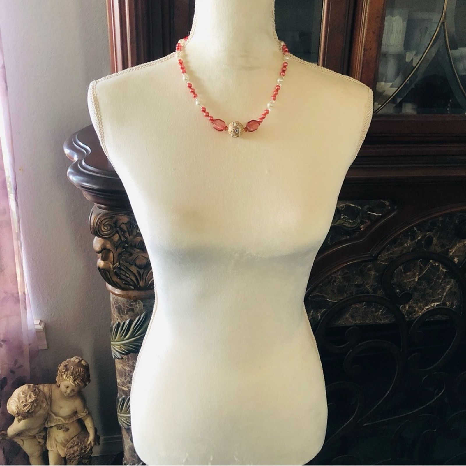 Handmade Handcrafted repurpose glass bead antique rose Pearl necklac Size ONE SIZE - 6 Thumbnail