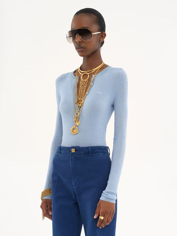 Chloe o1loc1c11125 Knitted Henley T-Shirt in Light Blue Size S / US 4 / IT 40 - 3 Thumbnail