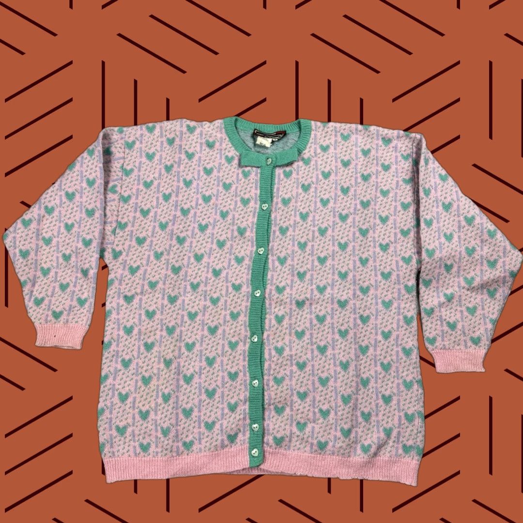 Vintage VINTAGE 1980s Alain Manoukian Pink Mint Green Heart Pattern Cardigan Sweater Women’s Large Oversized Italy Size L / US 10 / IT 46 - 1 Thumbnail