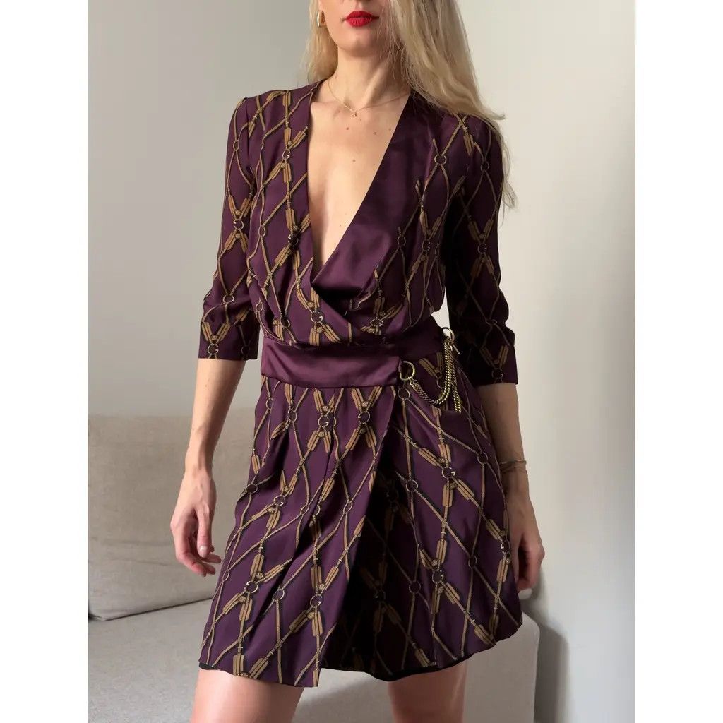 Gucci Gucci Vintage Burgundy Chain Print Silk Wrap Dress Gold IT40 Size S / US 4 / IT 40 - 1 Thumbnail