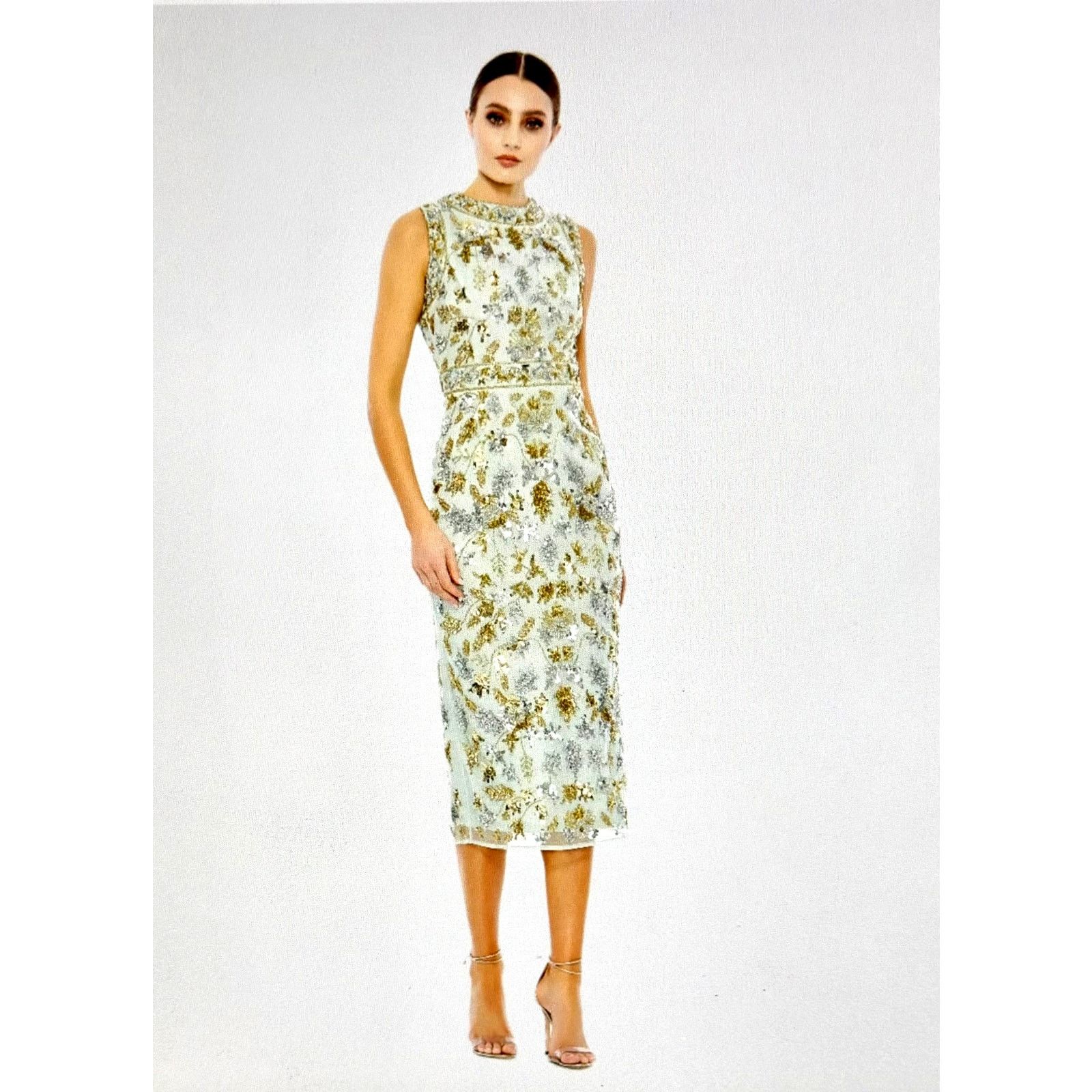 Other Mac Duggal Embellished High Neck Sheath Midi Dress Sage 14 Size XL / US 12-14 / IT 48-50 - 2 Thumbnail