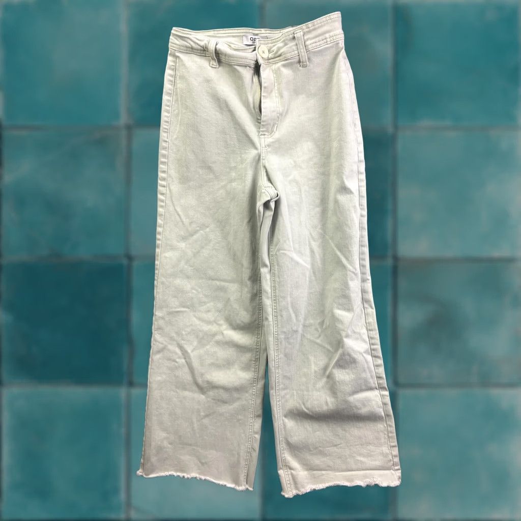 Vintage OAT Jeans Womens 6/28 Wide-Leg Crop Denim Light Green High Rise 26.5 Inseam 28 Waist Fringed Raw Hem Stretch Pockets Zipper Button Size 28" / US 6 / IT 42 - 1 Thumbnail
