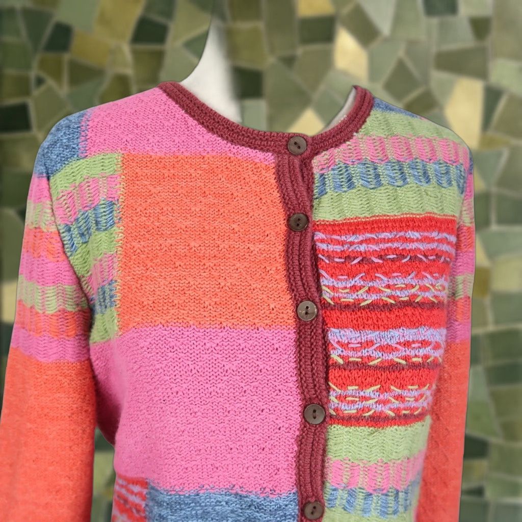 VINTAGE Christopher & Banks Cardigan Womens S Pink Orange Patchwork 90s Bohemian Knit Cotton Ramie Long Sleeve Button Front Sweater