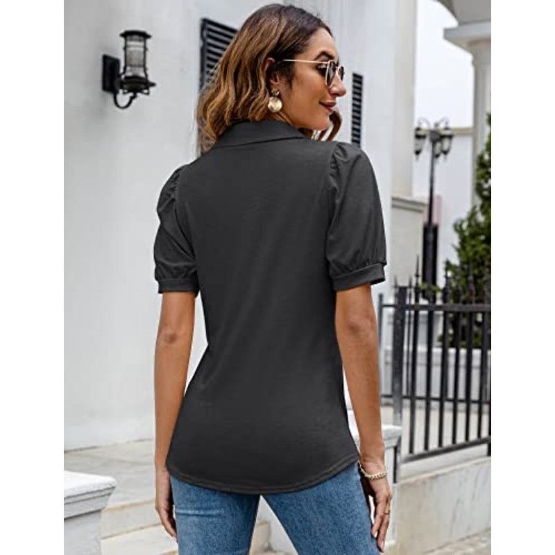 Kohl's Women's Lapel Collar Button Puff Short Sleeve Top Casual Size M / US 6-8 / IT 42-44 - 2 Thumbnail