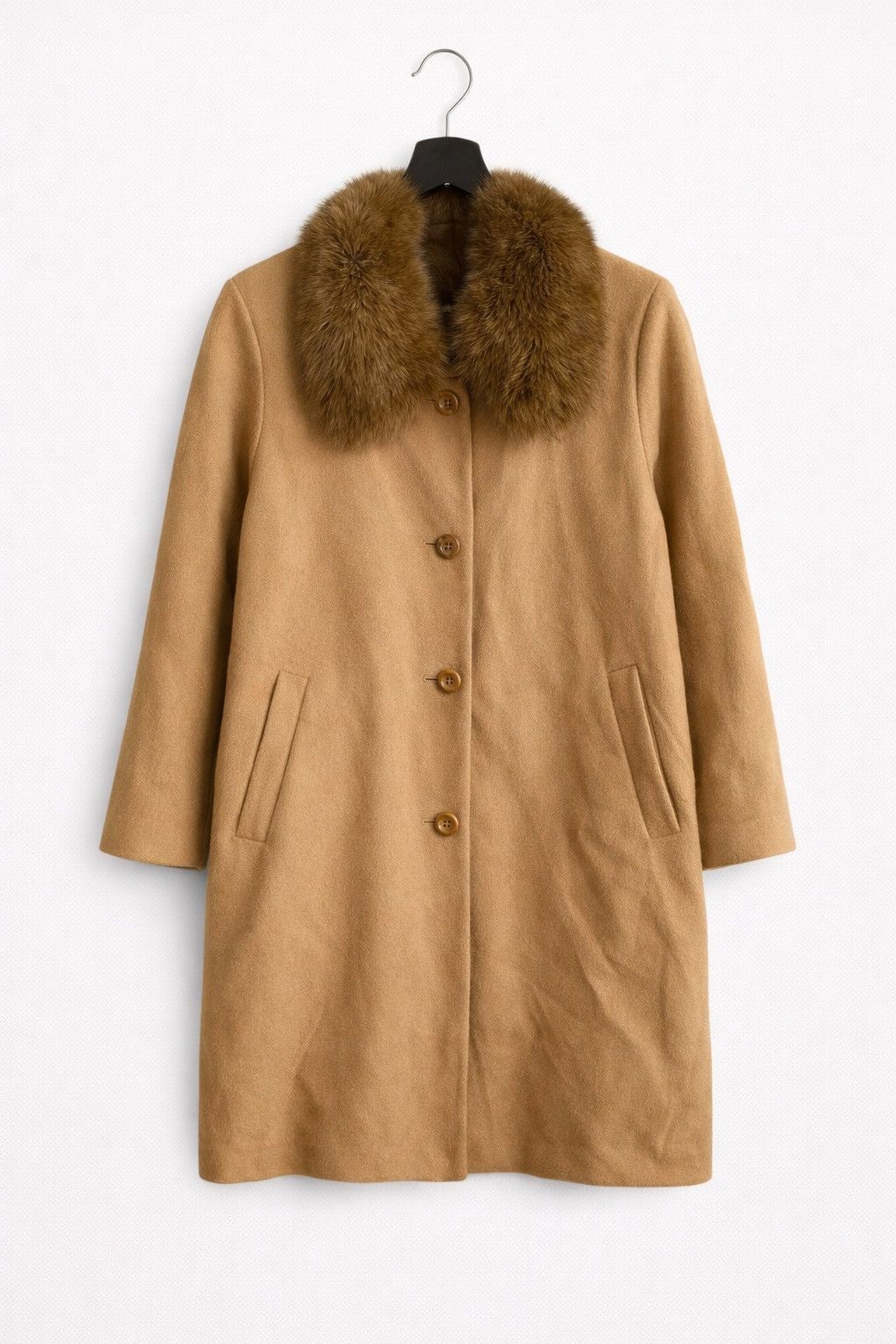 Japanese Brand Vintage AMISTA Camel Wool Coat with Real Fur Collar Elegant Size L / US 10 / IT 46 - 1 Thumbnail