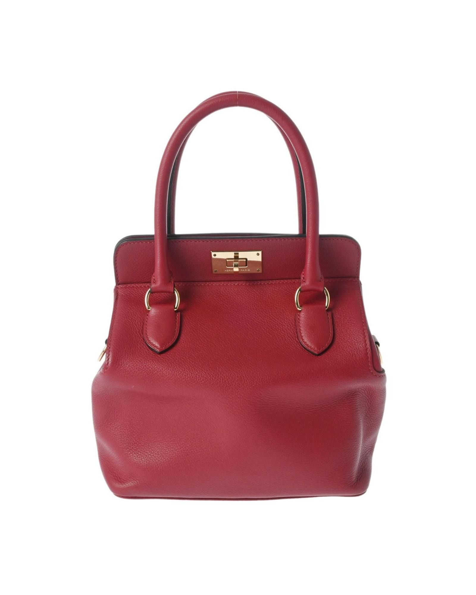 image of Hermes Sophisticated Red Leather Handbag With Turn-Lock Closure, Women's