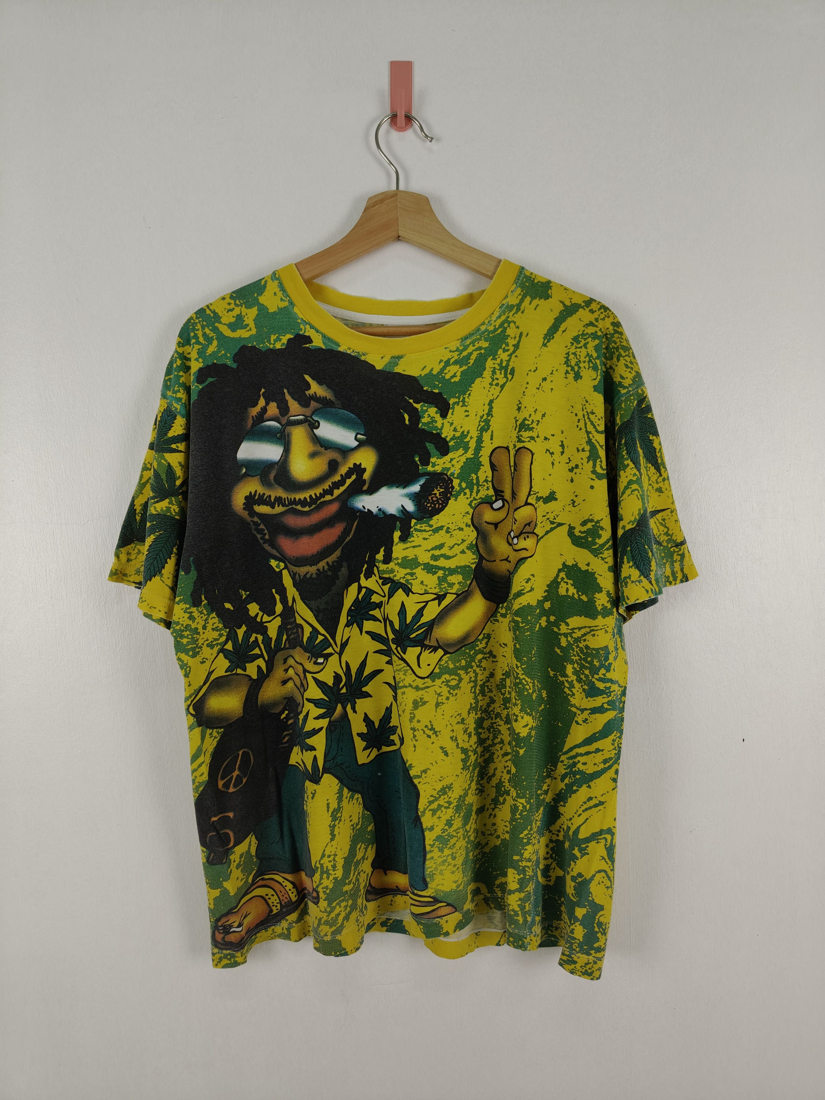 image of Vintage Distressed Rastaman Bob Marley Full Print Tee in Mix, Men's (Size Large)