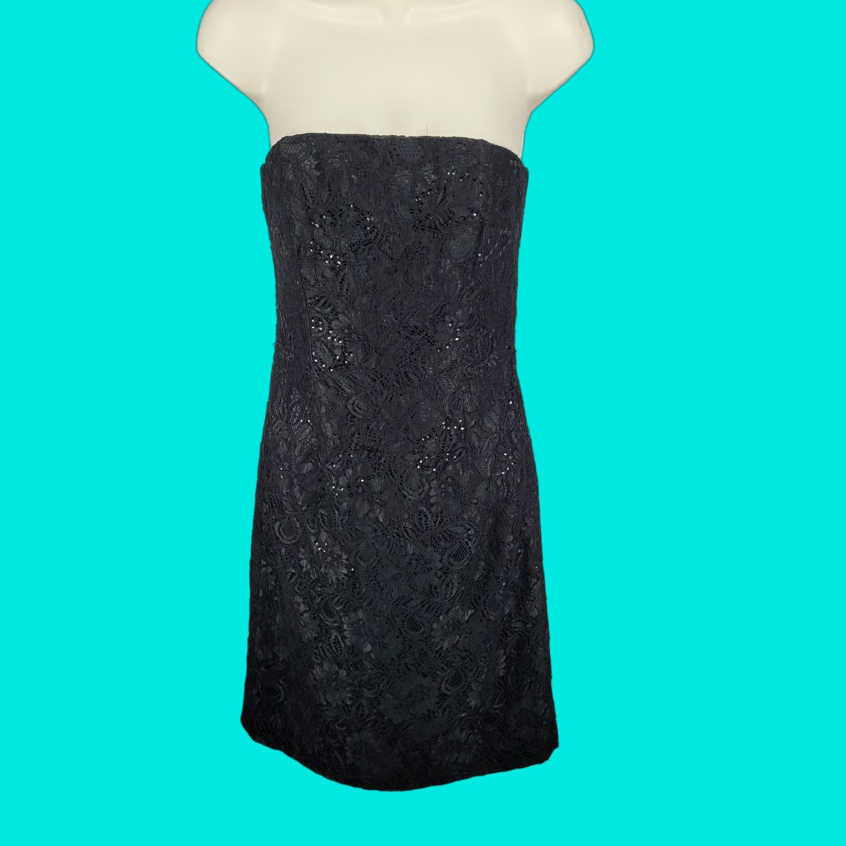 White House Black Market Dress Women 0 Black Floral Sequin Lace Strapless  Lined Short Zip Square
