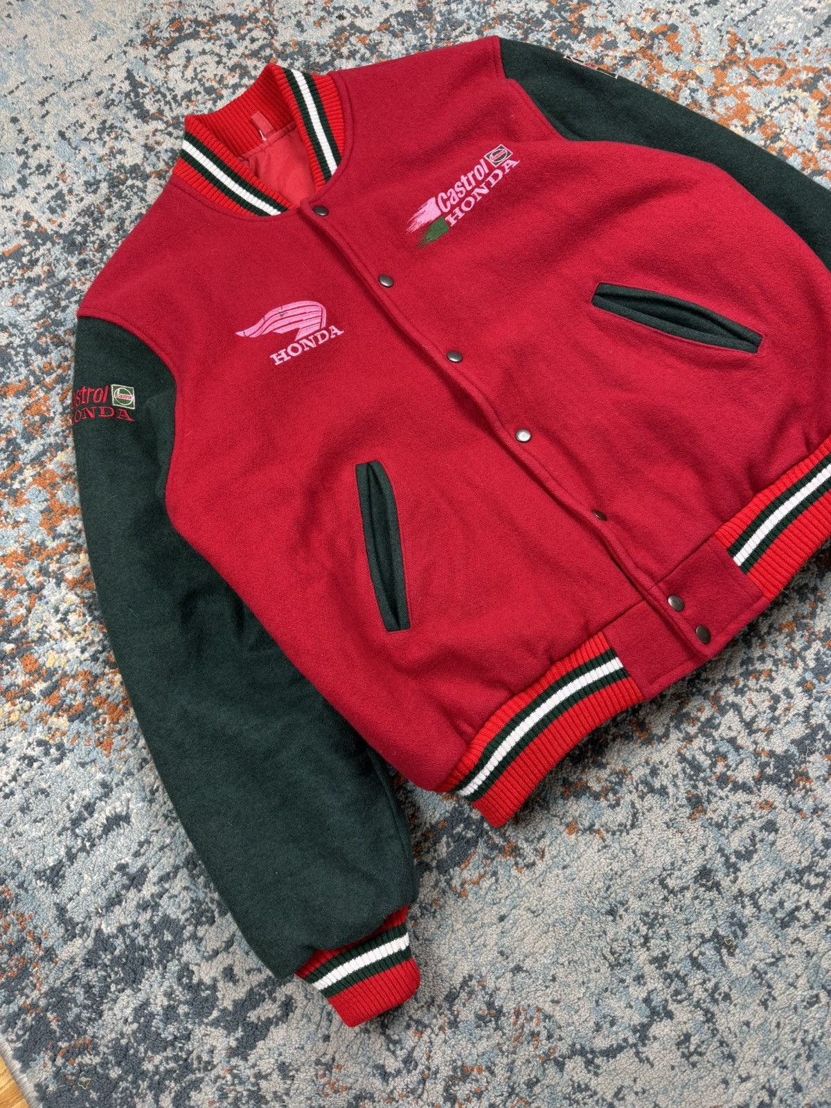 Honda Vintage 80s Honda Castrol heavy wool varsity racing jacket Size US L / EU 52-54 / 3 - 4 Thumbnail