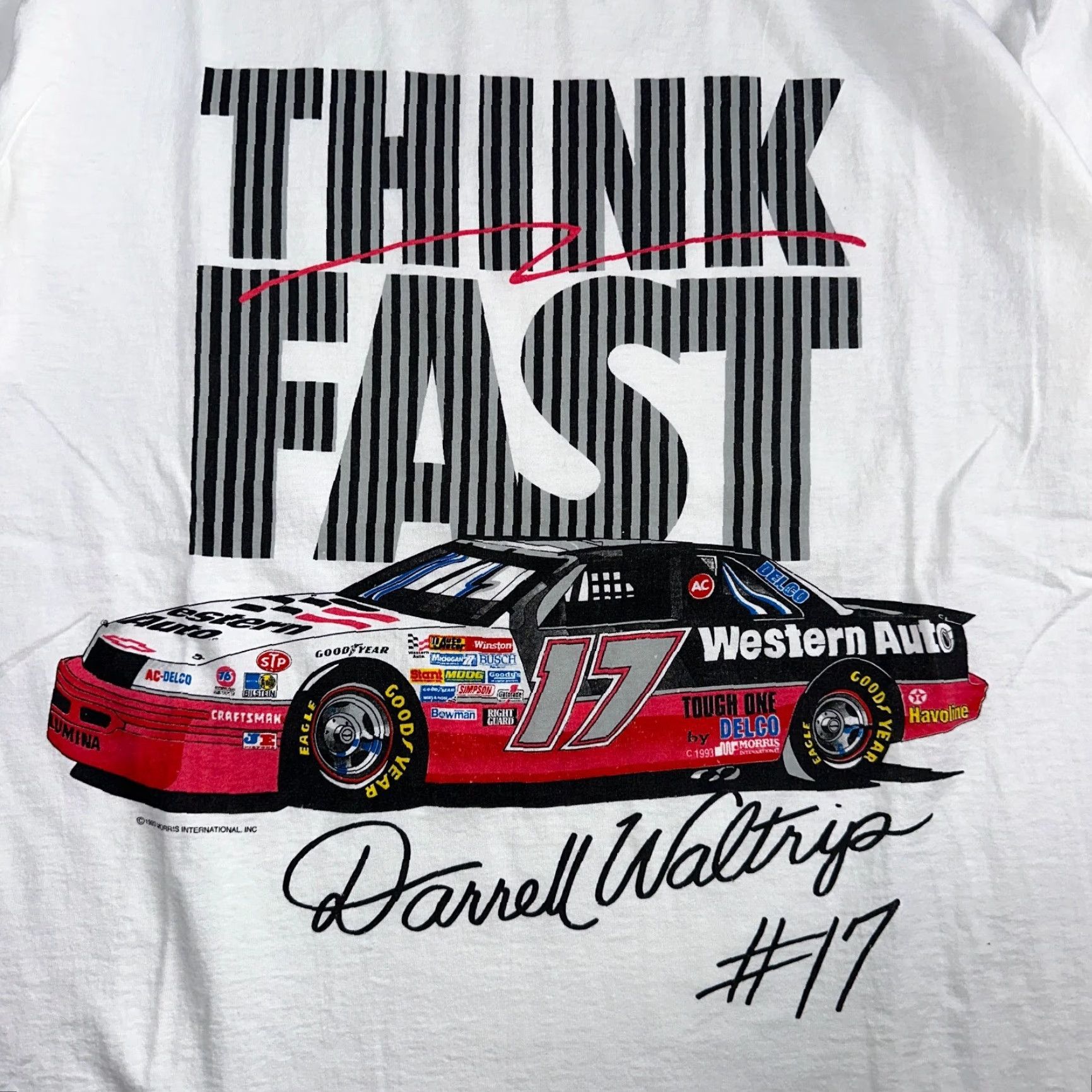 NASCAR VINTAGE Darrel Waltrip 1993 Morris Design Nascar Think Fast 90s Racing White T-Shirt XL Mens Size US XL / EU 56 / 4 - 2 Thumbnail