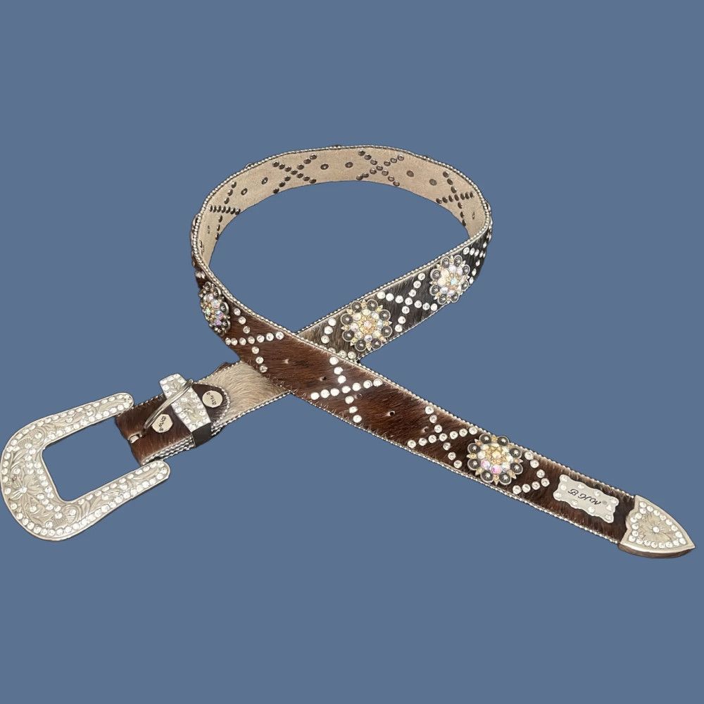 Vintage BHW Bling Rhinestones Leather Hair On Western Cowgirl Belt S/M Women Belt White & Brown Hair On Leather Rhinestone Bling Accent Size ONE SIZE - 1 Thumbnail