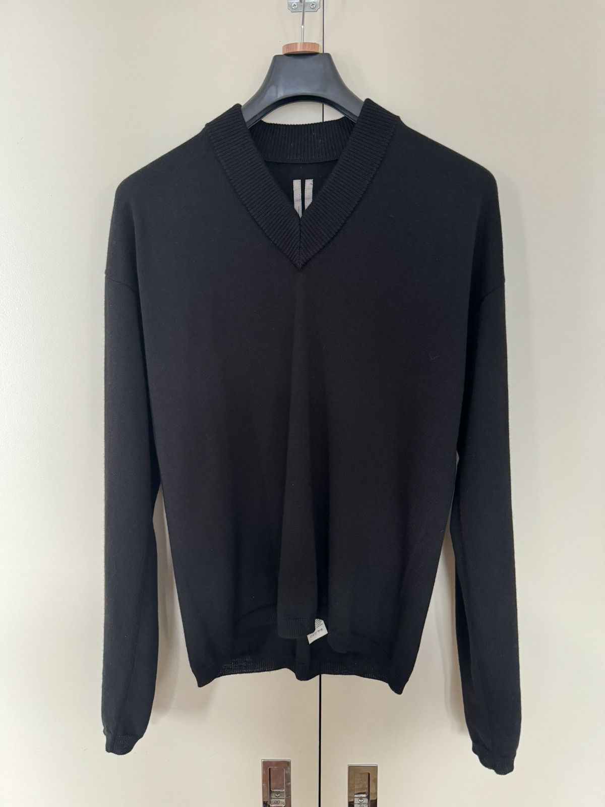 image of Rick Owens Black V-Neck Sweater, Men's (Size Medium)