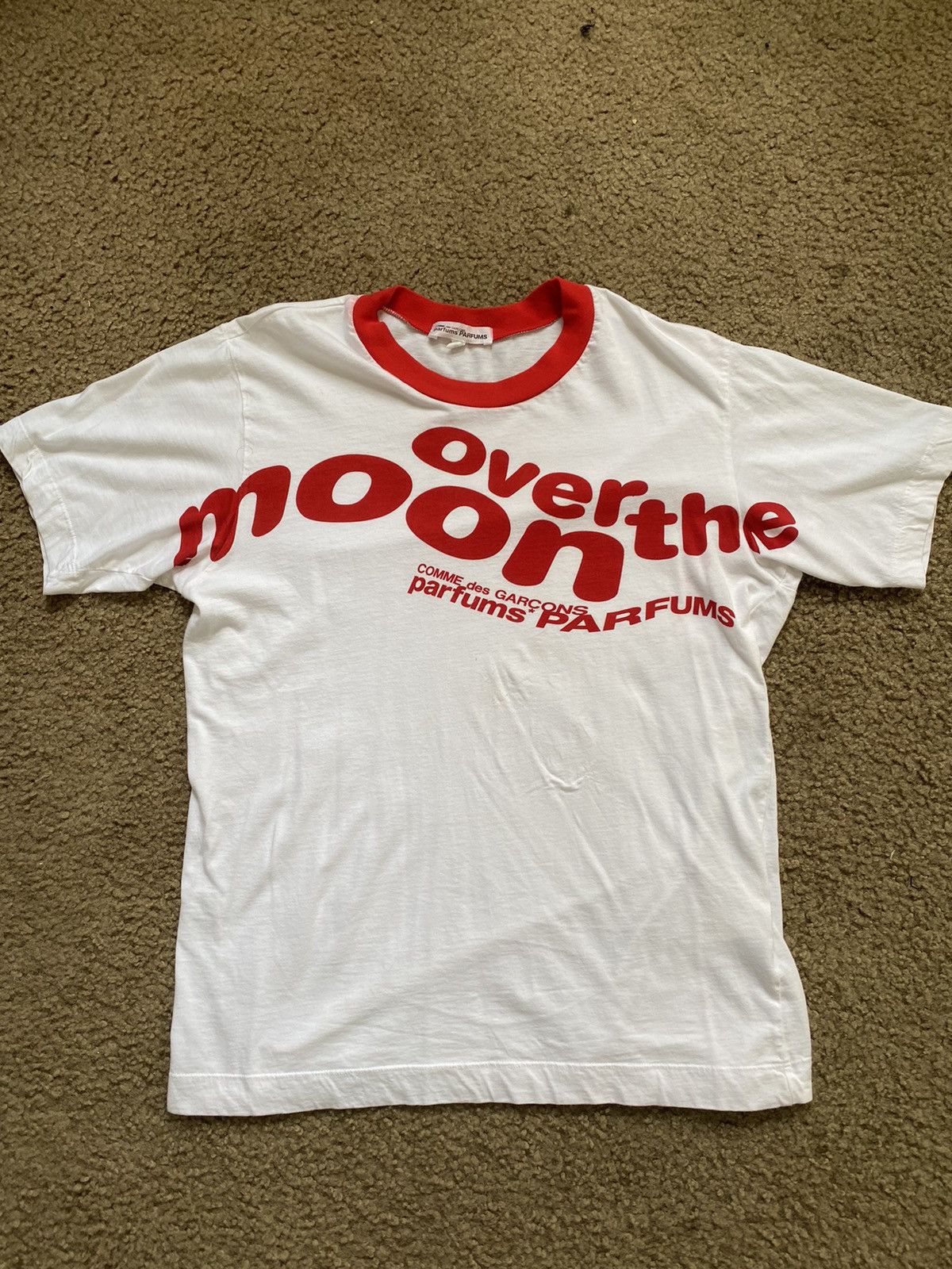 image of Comme Des Garcons Parfums “Over The Moon” Ringer Tee in White, Men's (Size Medium)