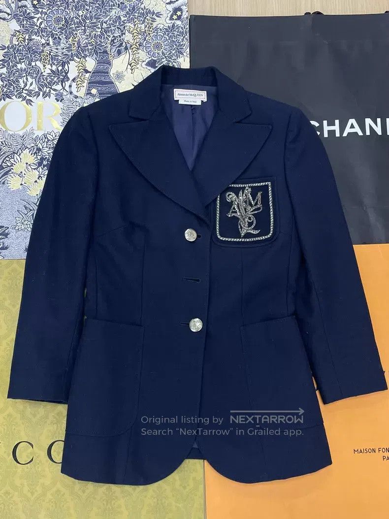 Alexander McQueen Alexander Mcqueen Dark blue embroidered suit jacket Size XS / US 0-2 / IT 36-38 - 1 Thumbnail