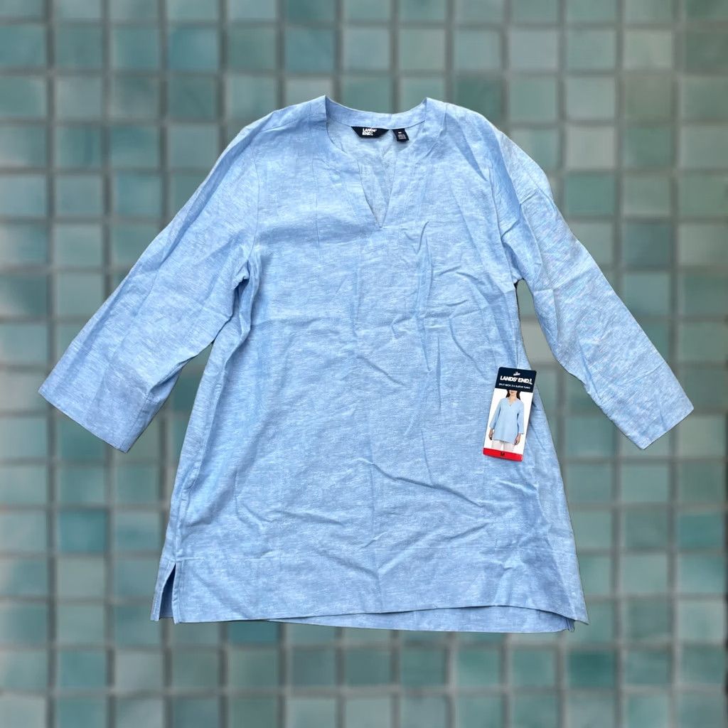 Lands' End Lands' End Top Womens Medium Blue Tunic Linen Blend V-Neck 3/4 Sleeve Pullover Casual Shirt Blouse Tunic Beach Preppy Size M / US 6-8 / IT 42-44 - 1 Thumbnail