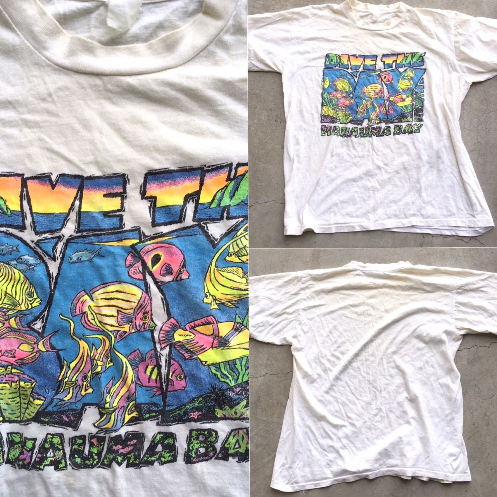 Vintage Vintage Dive Hanauma Bay Hawaii Neon Graphics Tee Single Stitch L XL 80s 90s Mens White Cotton Graphic Tee Beachwear Sportswear Mar9 Size US L / EU 52-54 / 3 - 5 Thumbnail