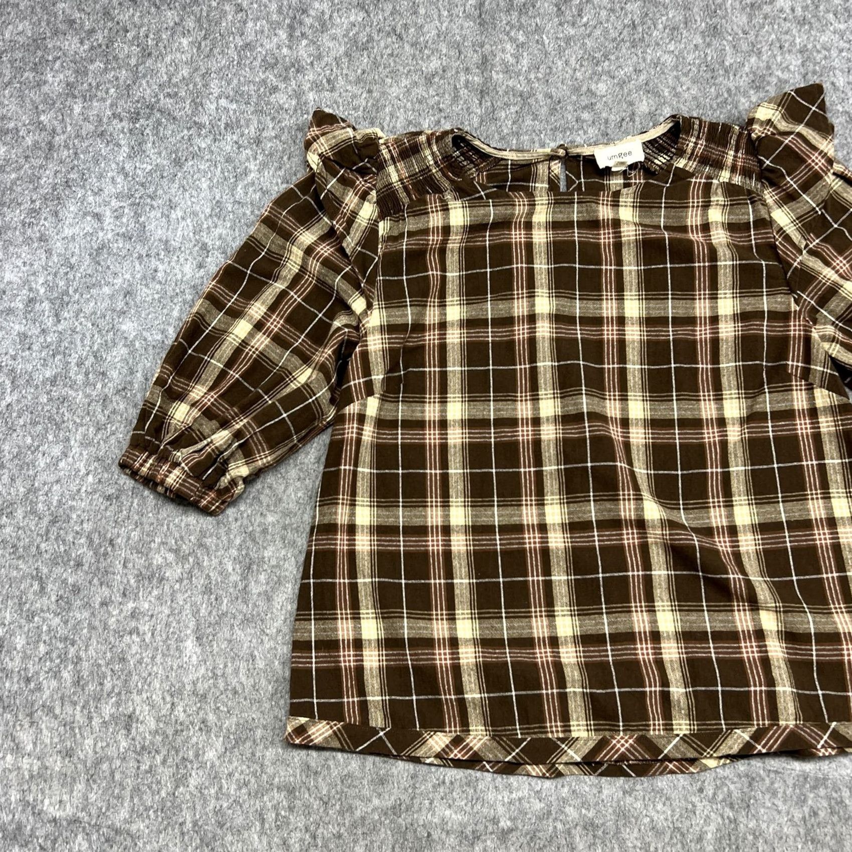 Vintage UMGEE Blouse Womens M Brown Plaid Tunic 3/4 Sleeve Cotton Top Ruffle Boho Shirt Size M / US 6-8 / IT 42-44 - 4 Thumbnail