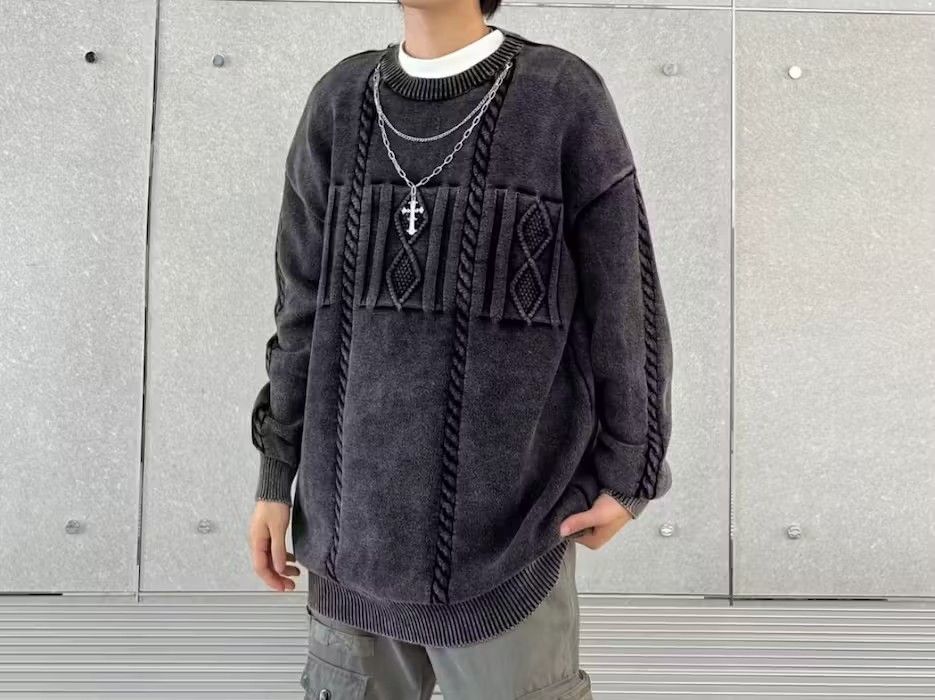 Washed Patterned Embroidery Sweater