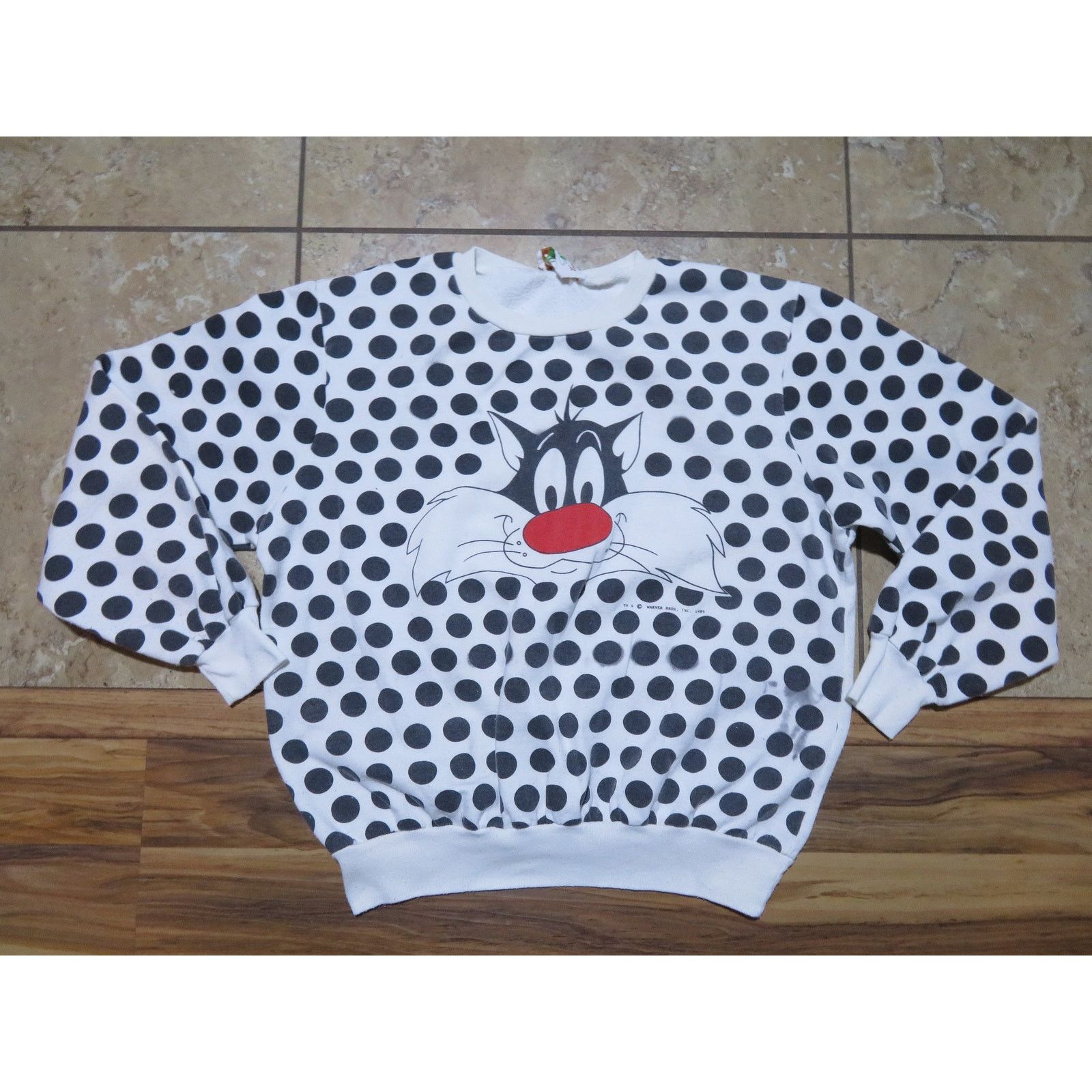Warner Bros Sylvester The Cat Sweatshirt White Black Polka Dot Sz L 80s Size L / US 10 / IT 46 - 1 Thumbnail