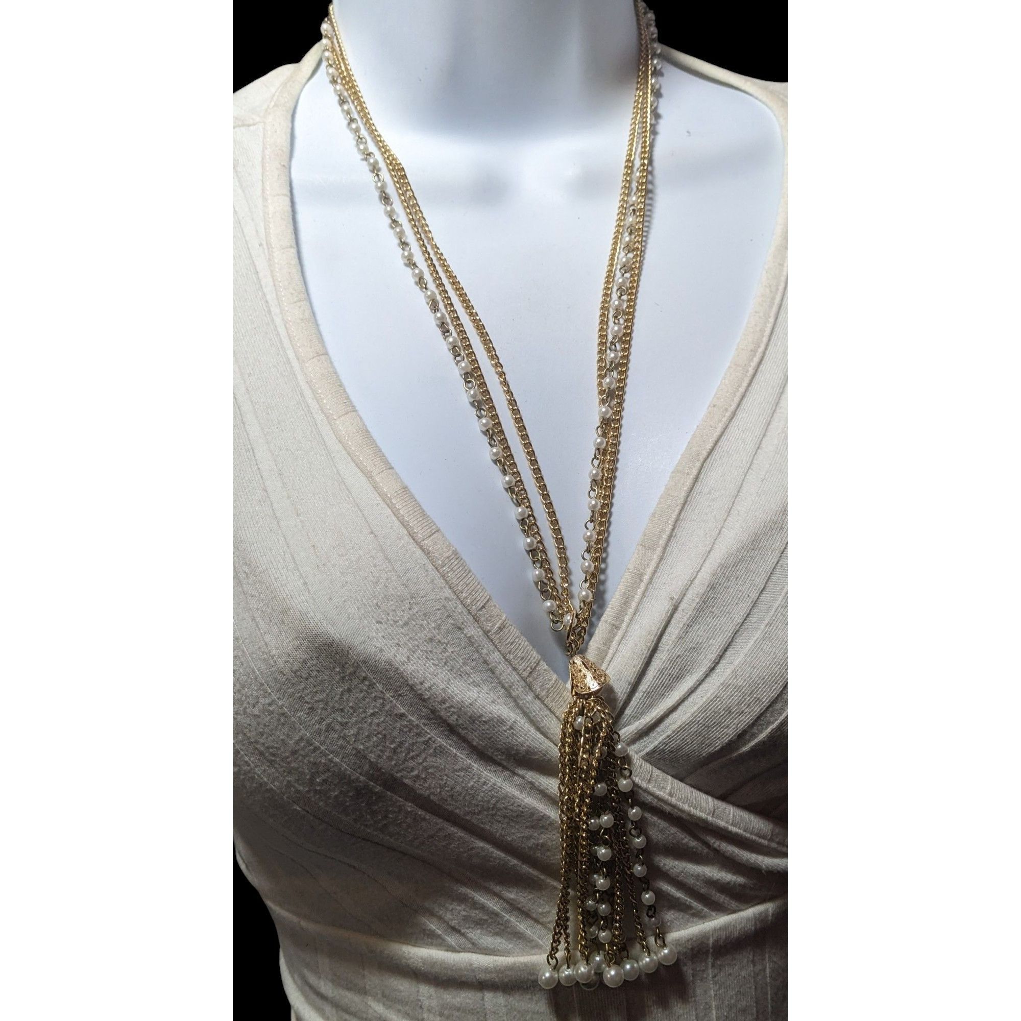 Other Gold Tone Faux Pearl Multistrand Tassel Necklace Size ONE SIZE - 4 Thumbnail