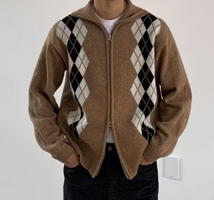 Full Zip Argyle Knit Cardigan Sweater