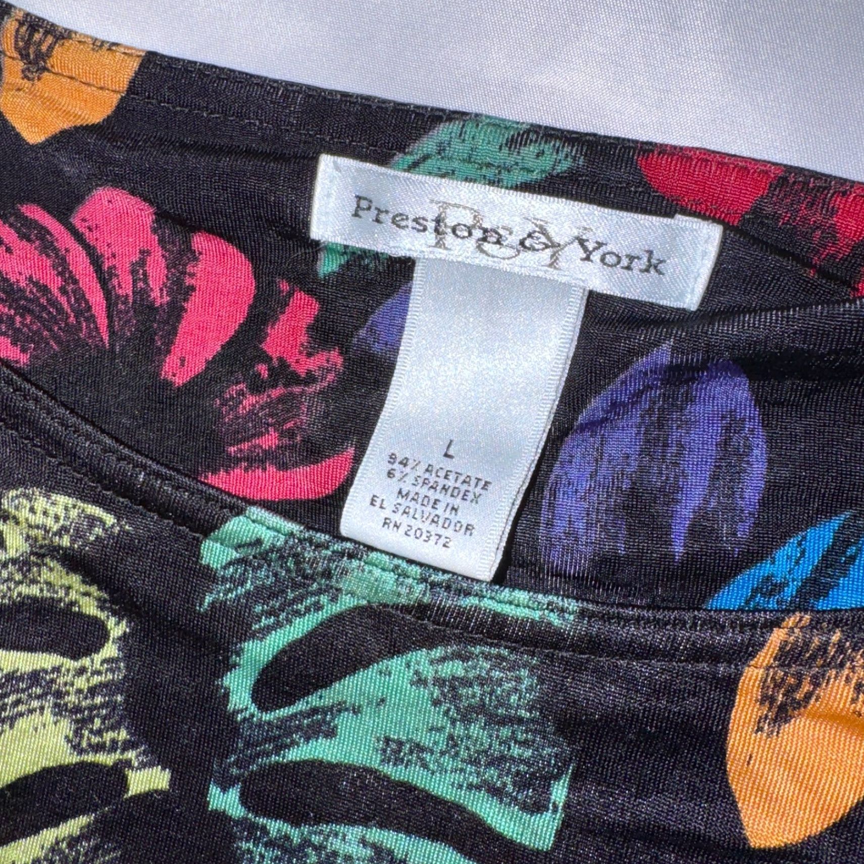 Preston & York Preston & York T-Shirt - Black Colorful Floral Print Top, L, Crew Neck, 3/4 Sleeve, Jersey, Logo, Casual, Regular Fit, Women Size L / US 10 / IT 46 - 2 Thumbnail