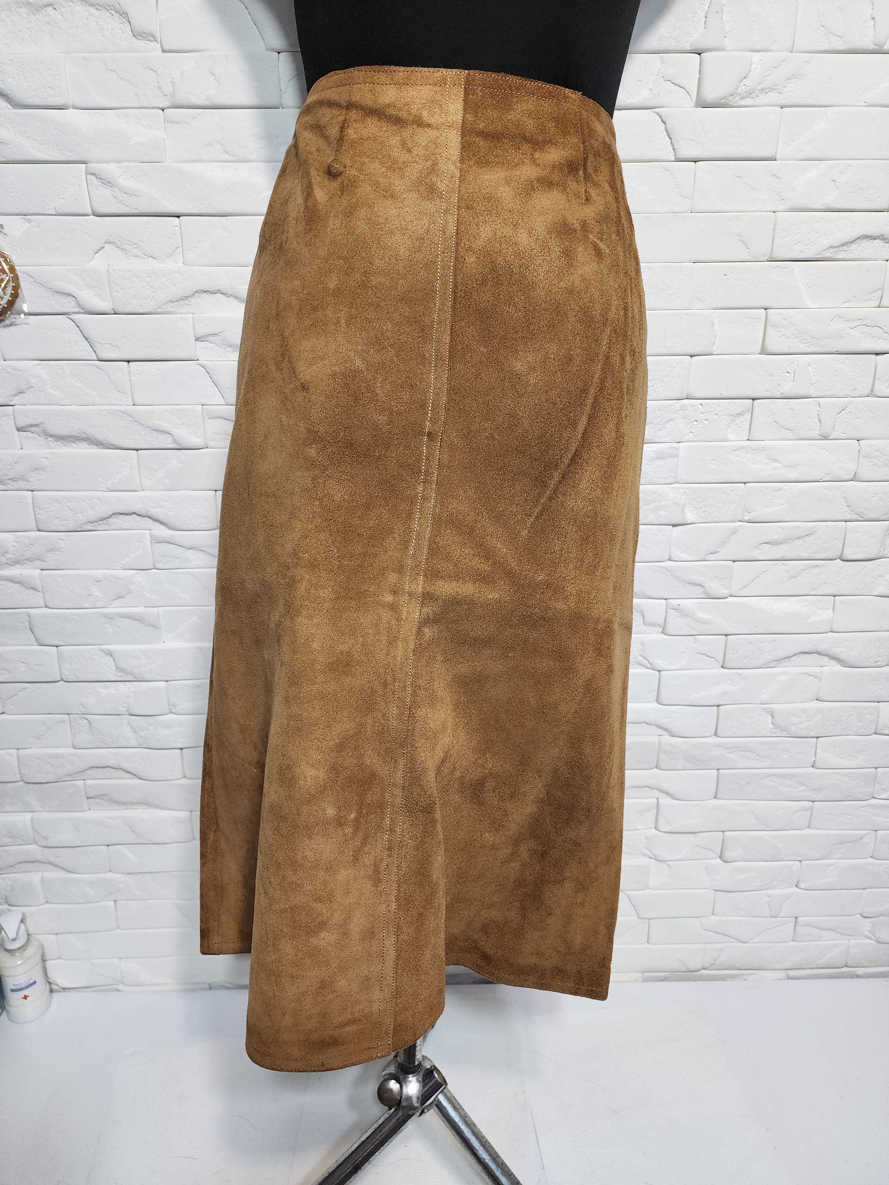 Other Brown Suede Leather Skirt, Metal Buttons Fasteners Size 28" / US 6 / IT 42 - 4 Thumbnail