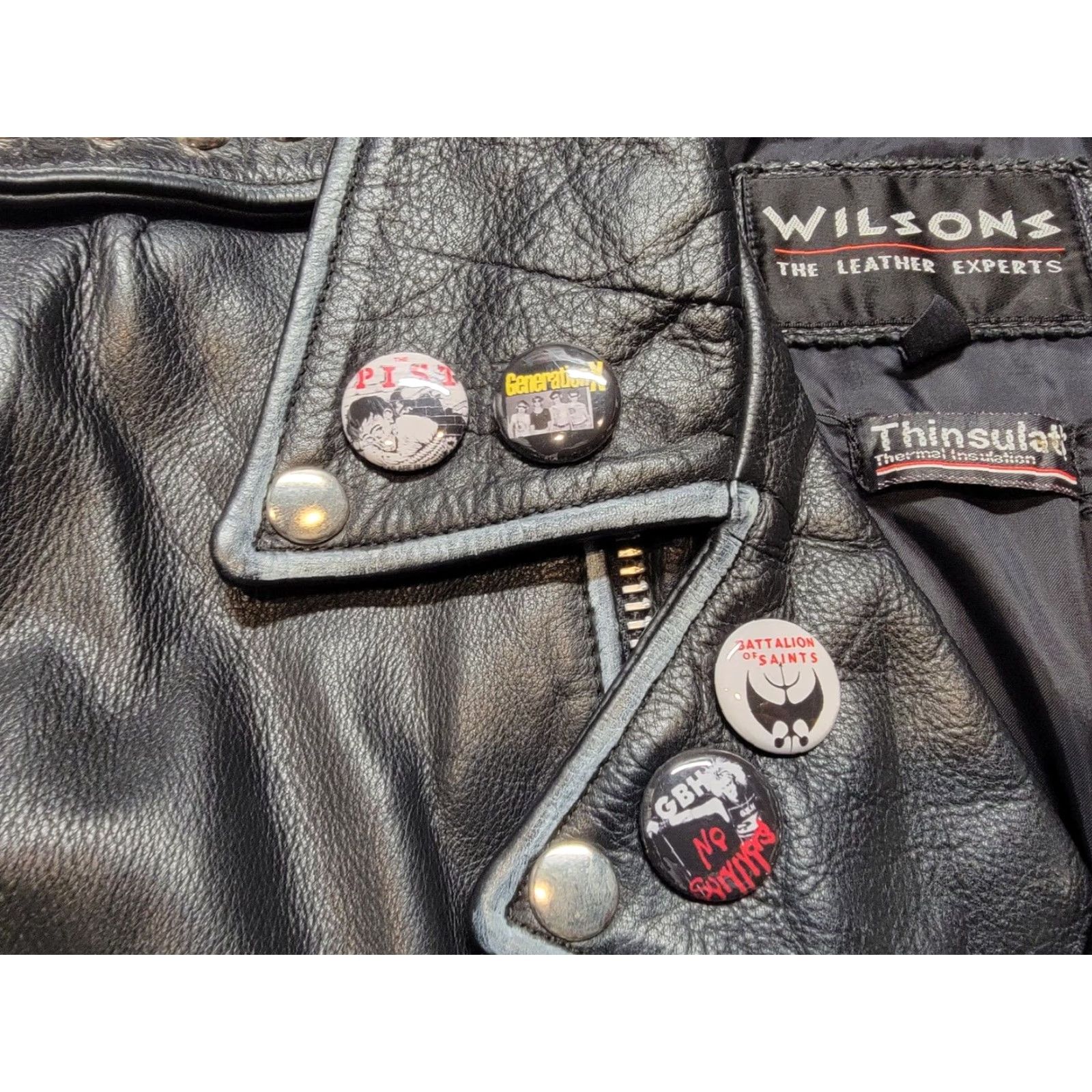 Wilson VINTAGE WILSON PUNK METAL TRASH PAINT MOTORCYCLE LEATHER JACKET XLARGE Jacket Mens Leather Black 90s Size US XL / EU 56 / 4 - 7 Thumbnail