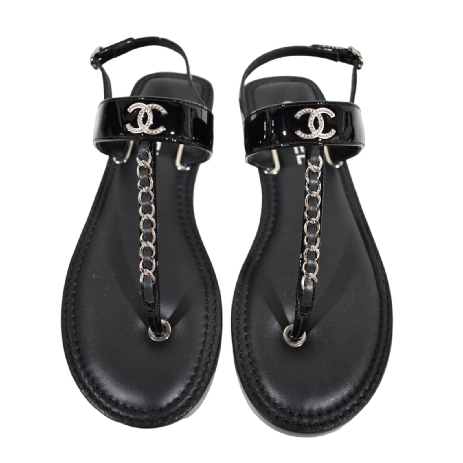 Chanel Chanel 22C Black Patent Silver Chain CC Logo Mule Slide Size US 8.5 / IT 38.5 - 1 Thumbnail