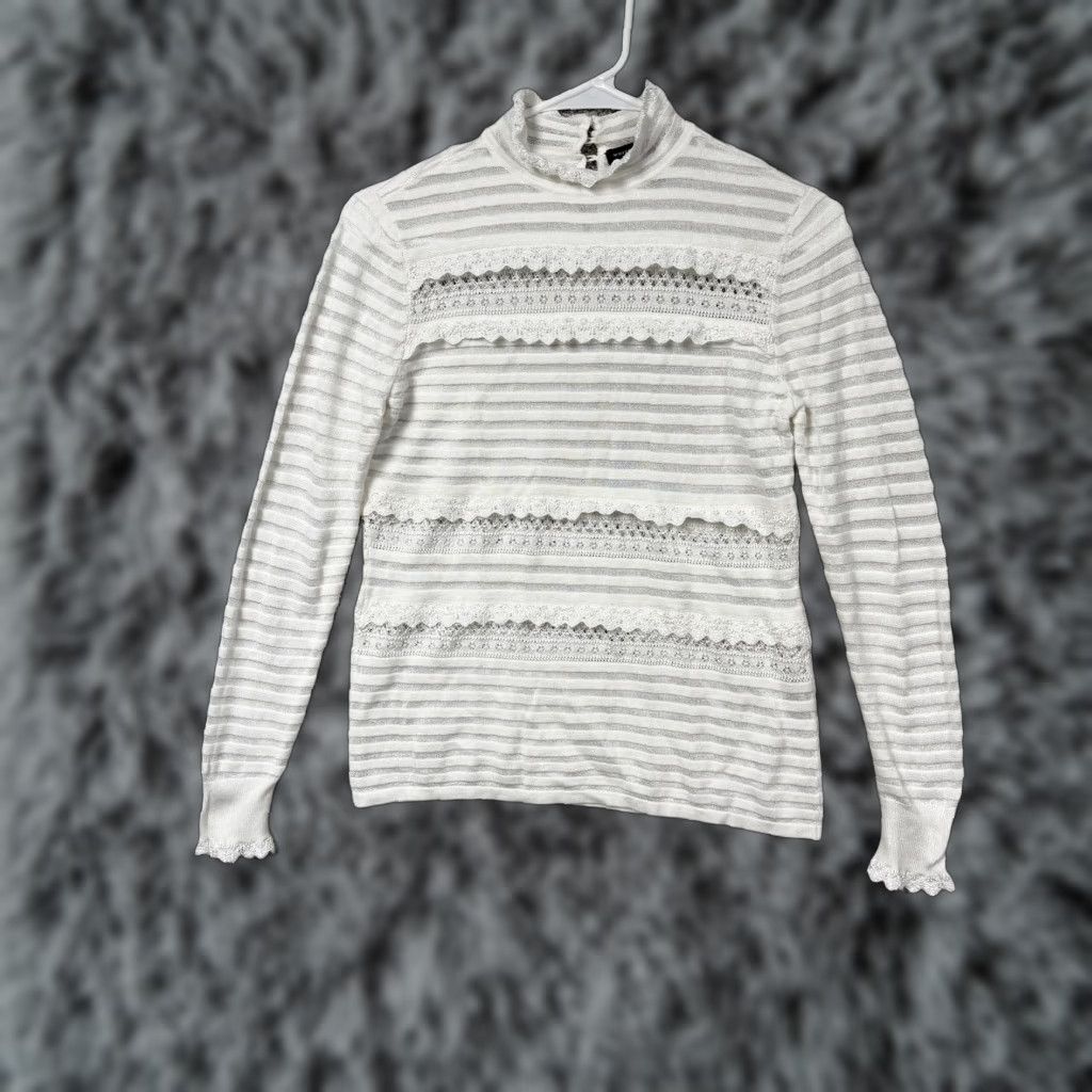 White House Black Market White House Black Market Sweater Womens Small White Pullover Mock Neck Ruffle Knit Lace Striped Light Weight Size S / US 4 / IT 40 - 1 Thumbnail