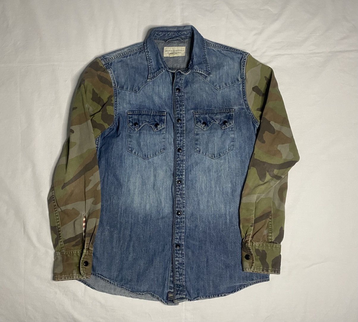 Ralph Lauren Denim Supply Shirt Denim Camo Sleeve Pearl Snap