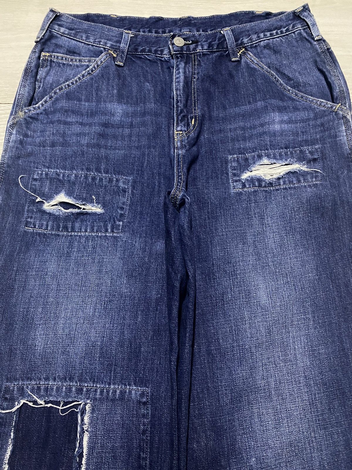 Japanese Brand Vintage Edwin Blue Wash Patches Distressed Super Baggy Jeans Size US 31 - 3 Thumbnail