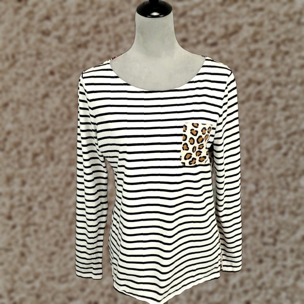 Boden Boden Leopard Print Back Striped Front Mixed Print Top Womens 12 Multicolor Knit Cotton Blouse Size XL / US 12-14 / IT 48-50 - 1 Thumbnail