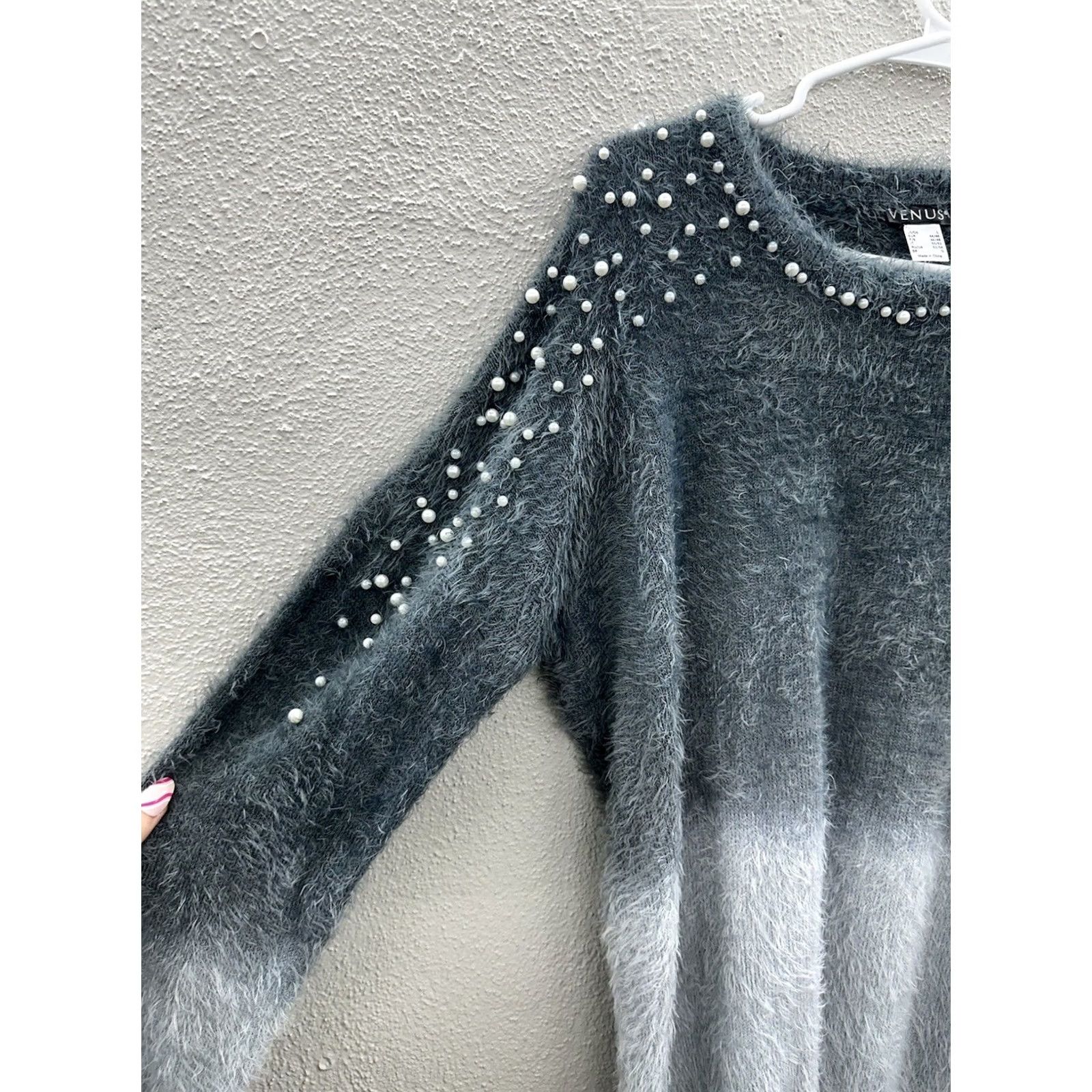 Venus Venus Sweater Shirt Womens Large Gray Ombre Fuzzy Long Sleeve Pearl Trim Knit Classic Bohemian - Note: This line contains extra text not allowed. Size L / US 10 / IT 46 - 4 Thumbnail
