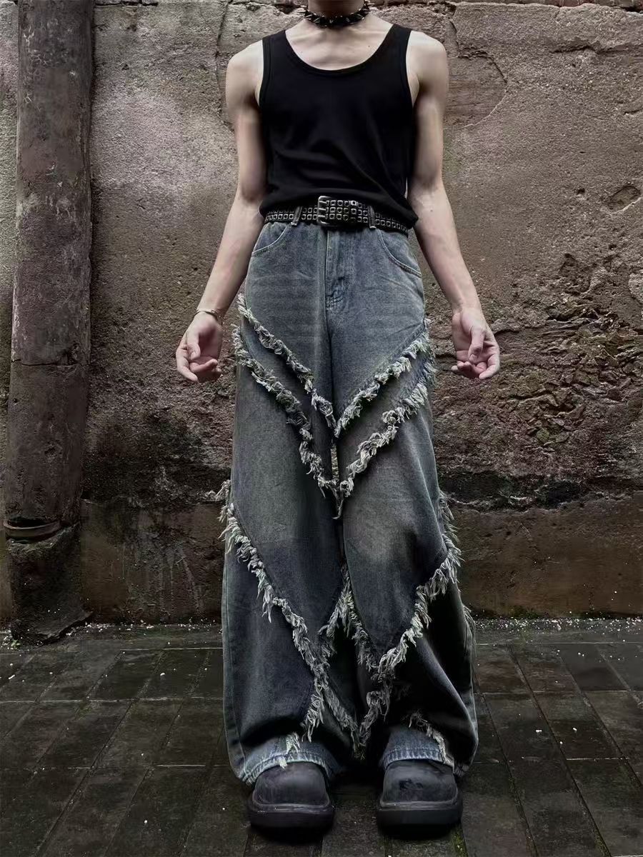 Japanese Brand × Jean Vintage fringe patchwork design wide leg baggy jeans Size US 34 / EU 50 - 5 Thumbnail