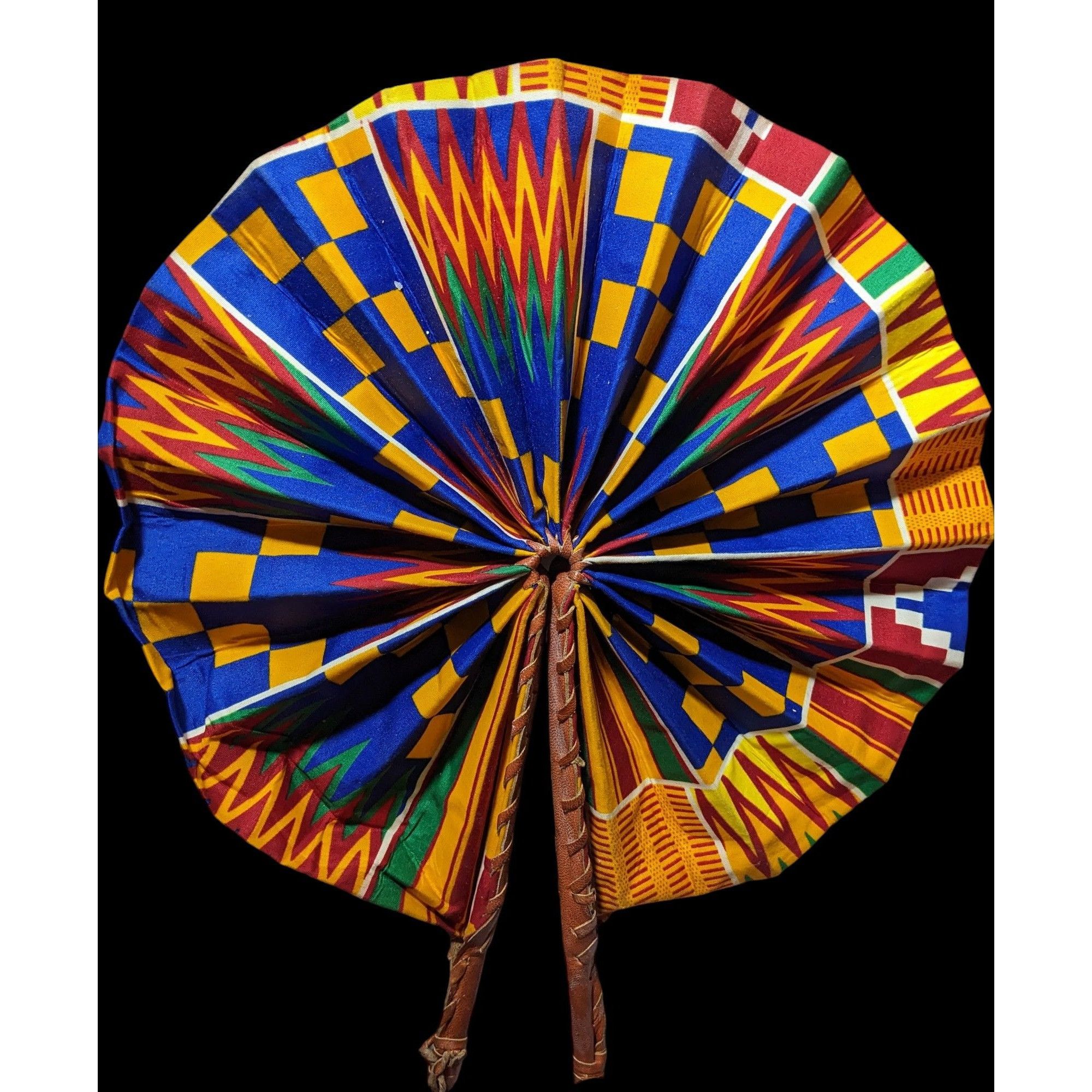 Other Handmade African Fabric Fan Double Sided Leather Handle Size ONE SIZE - 2 Thumbnail