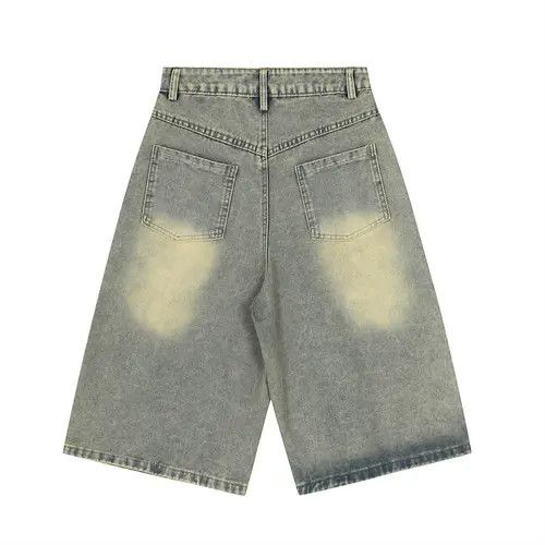 Men's retro plaid patch washed distressed denim shorts y2k