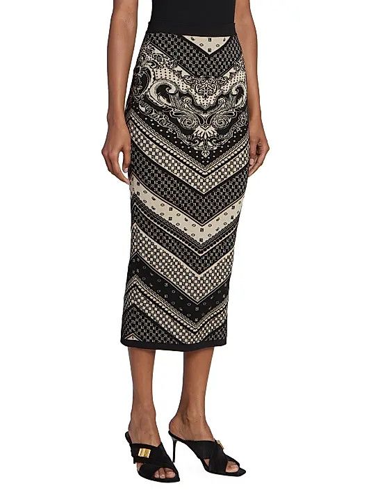 Balmain o1s1wg110825 Paisley & Monogram Midi Skirt in Black Size 27" / US 4 / IT 40 - 3 Thumbnail