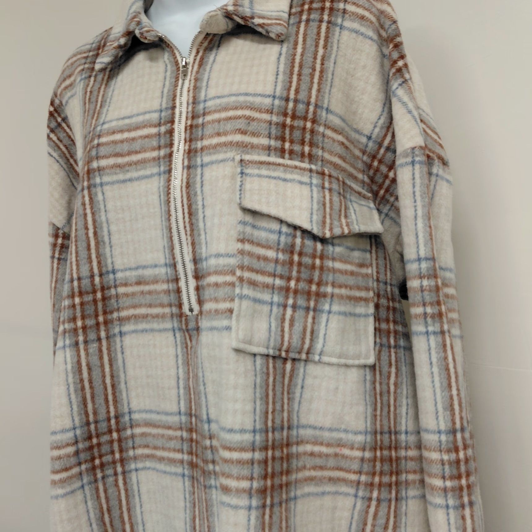 Vintage Women's Pullover Jacket Size 2XL Tan/Blue Pocket Plaid Half Zip Sweatshirt Shirt Size XXL / US 16-18 / IT 52-54 - 4 Thumbnail