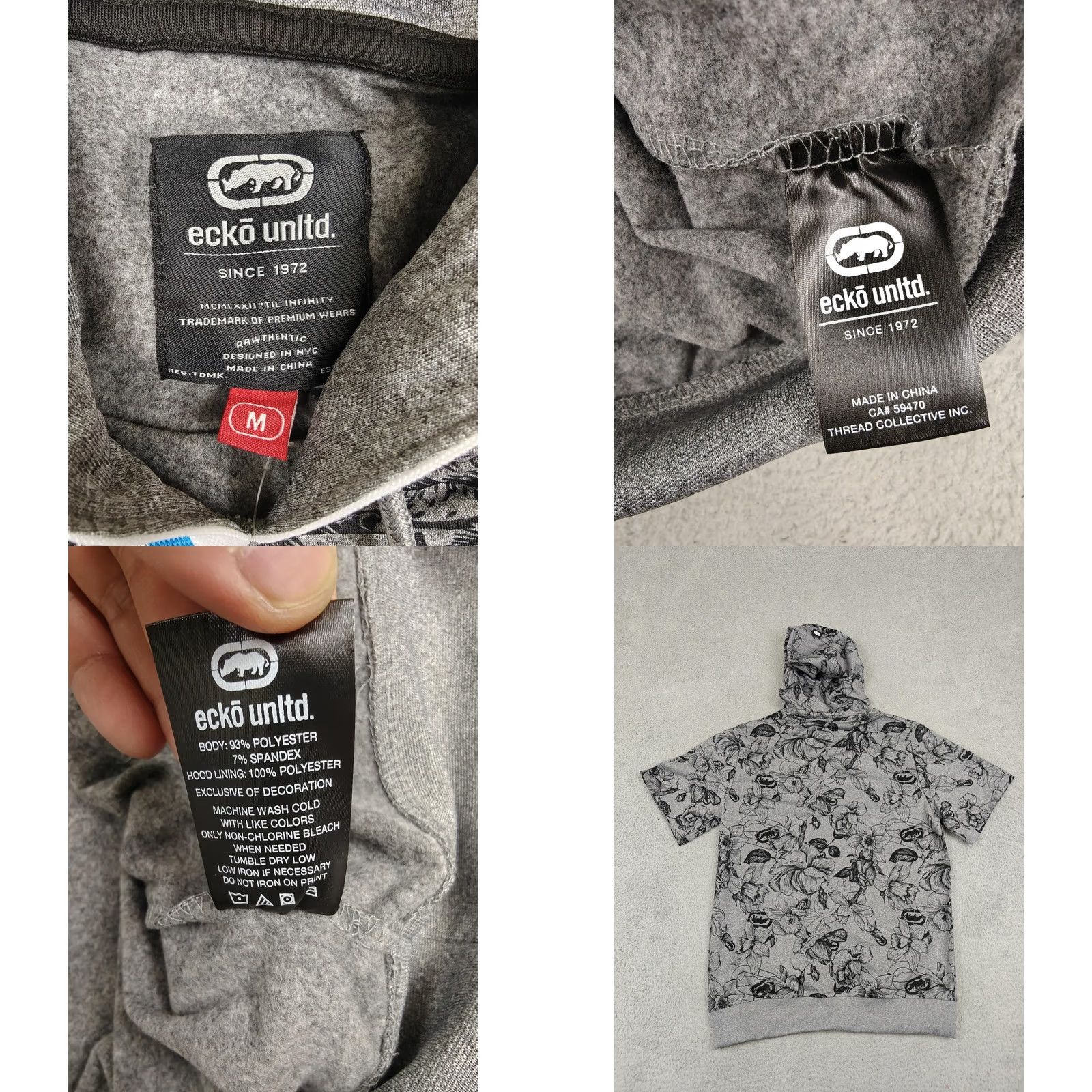 Ecko Unltd. Ecko Unltd Hoodie Mens Medium Gray Short Sleeve Floral Pullover Pockets E012K855 Size US M / EU 48-50 / 2 - 8 Thumbnail