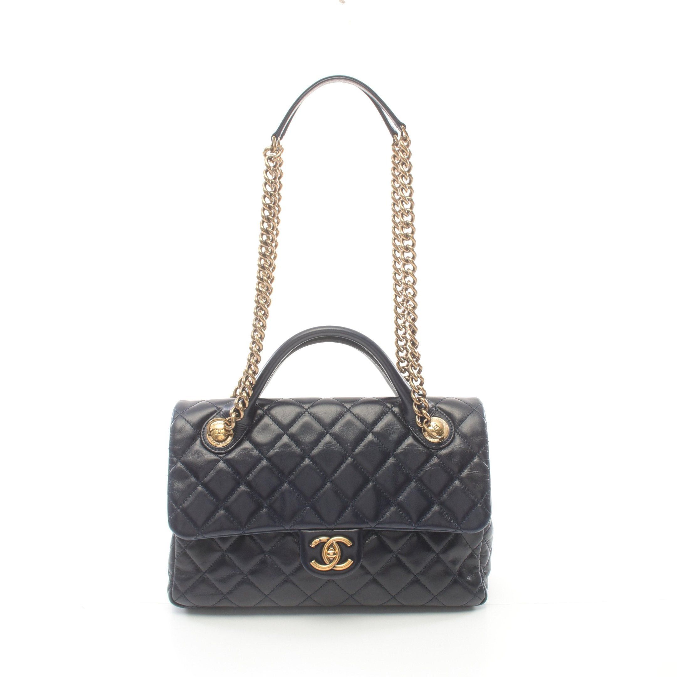 Chanel Chanel Top Handle Matelasse Chain Shoulder Bag Leather Navy Gold Hardware Size ONE SIZE - 1 Thumbnail
