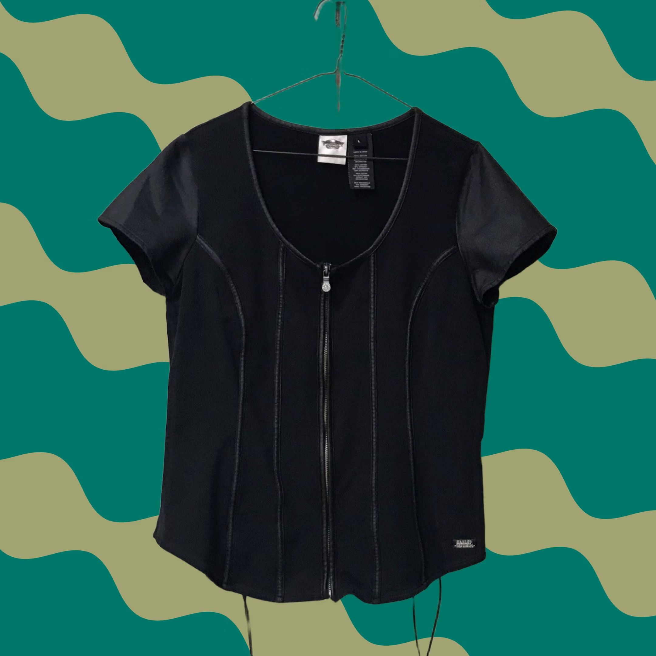 Harley Davidson Harley-Davidson Women Black On Black Trim Lace-Up Back Zip Short Sleeve Top L Shirt Blouse Size L / US 10 / IT 46 - 1 Thumbnail
