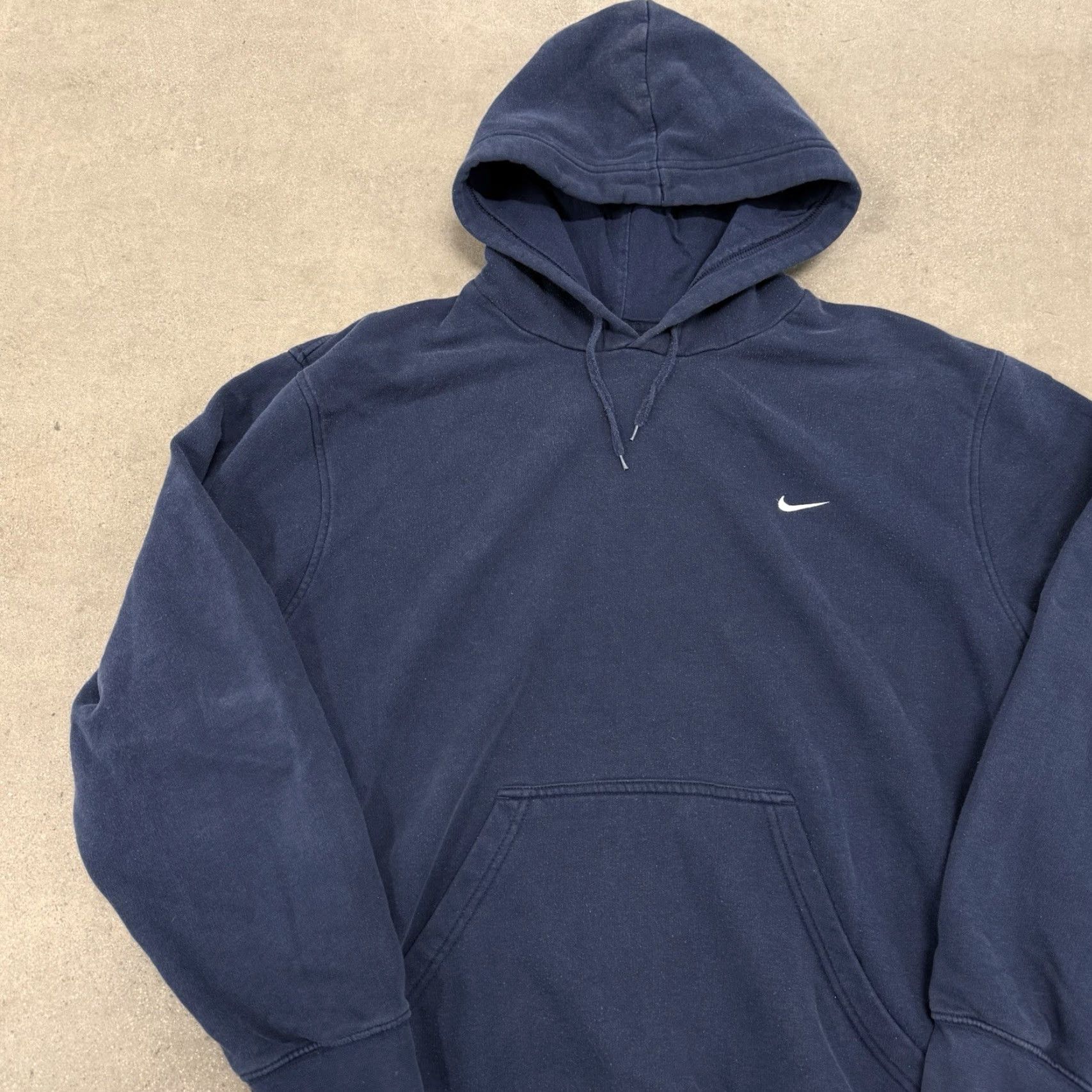 VINTAGE Nike Hoodie Mens XL Blue Swoosh Silver Tag Fade 90s Sports Pullover Hooded Pockets