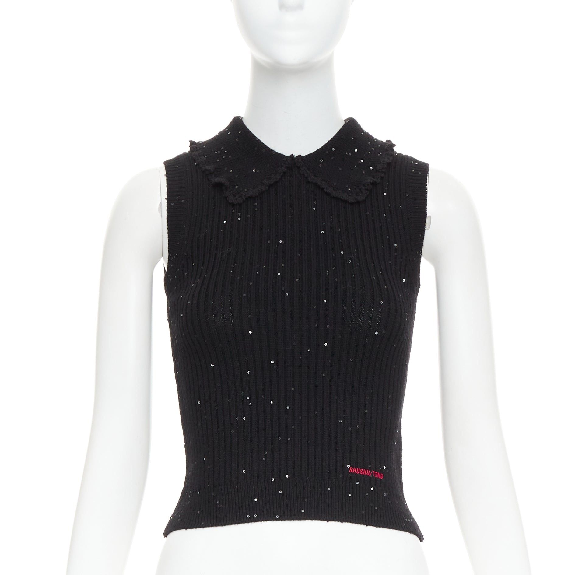 Shushu/Tong SHUSHU TONG black sequinned knit collared red logo rib crop vest UK6 XS Size XS / US 0-2 / IT 36-38 - 1 Thumbnail