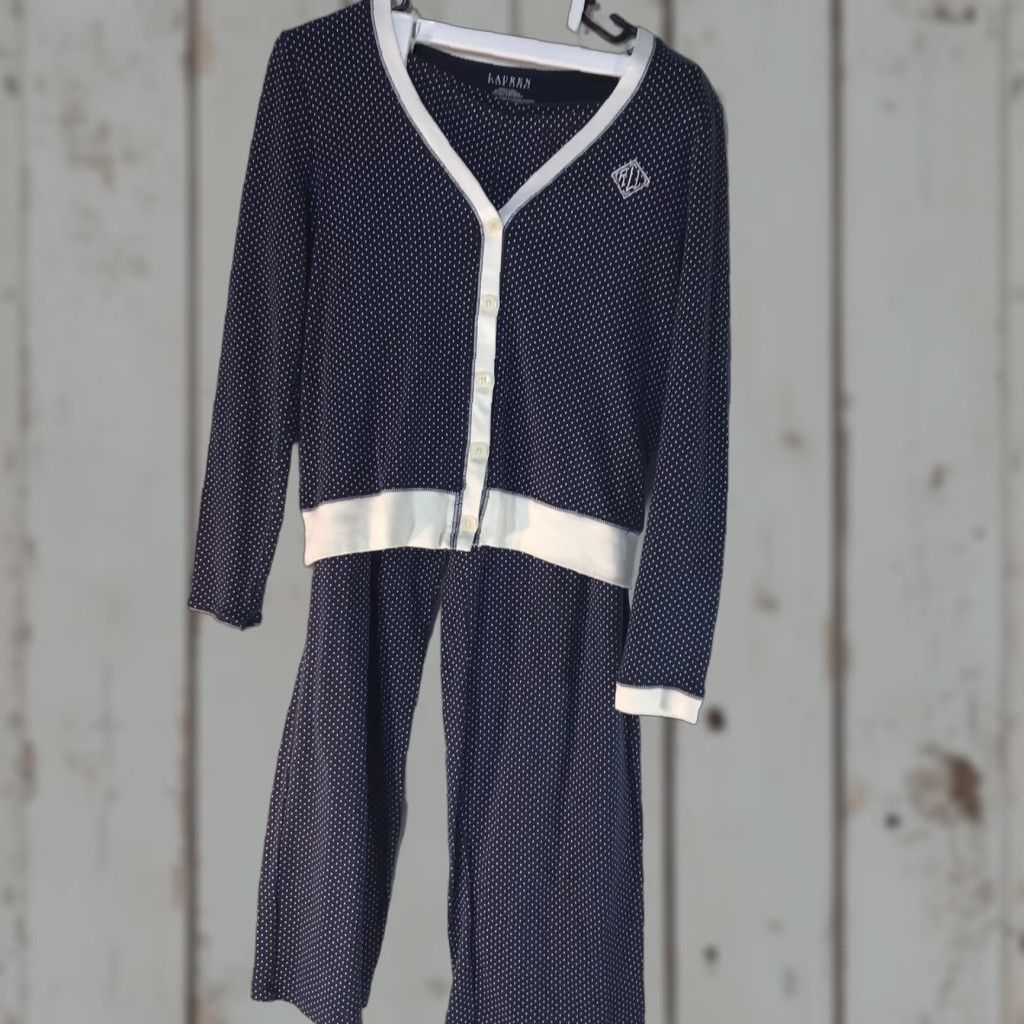 Ralph Lauren Lauren Ralph Lauren Pajama Set Women's M Navy White Polka Dot Cotton Modal Fall Winter Knit Long Sleeve Size ONE SIZE - 1 Thumbnail