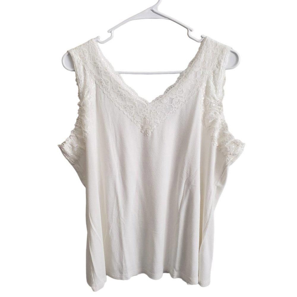 Designer CT367 Style & Co White Ribbed Lace Tank 1X Size XL / US 12-14 / IT 48-50 - 4 Thumbnail