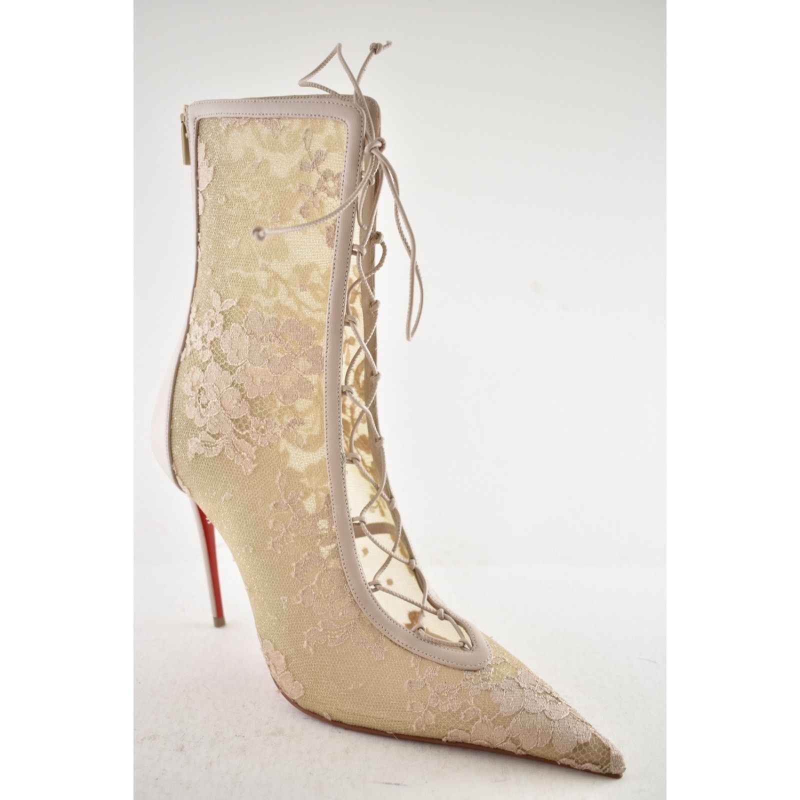 Christian Louboutin KM Lace Booty 100 Pearl Beige Lace Up Ankle Heel Bootie 40 Size US 10 / IT 40 - 6 Thumbnail
